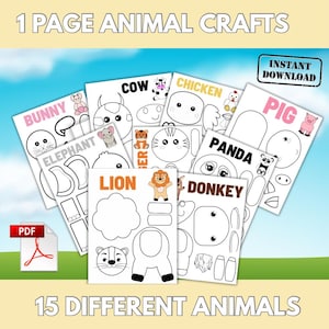 One Page Craft Cut and Paste Animals, 15  Animal Cut and Paste Activities Kids 1 Page Craft Colouring  Build an animal, Instant Download PDF