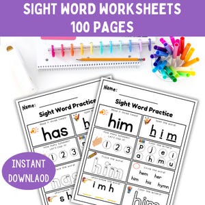 May include: Two sight word practice worksheets with the words "has" and "him" are displayed. The worksheets include activities like tracing, unscrambling, and coloring. The image also shows a spiral notebook, colored pencils, and markers. The text "SIGHT WORD WORKSHEETS 100 PAGES" is at the top.