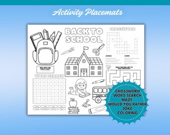 First Day of School Activity Mat, Activity and Coloring Placemat, Back to School Printable Activity Page, Home School Activity Sheet