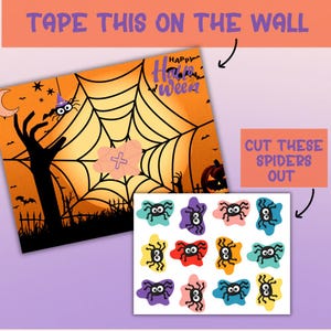 Speld de spin op het web Halloween-spel, afdrukbare activiteiten Halloween voor kinderen, DIY Halloween-feest, pdf-afdrukbare Halloween-feestje