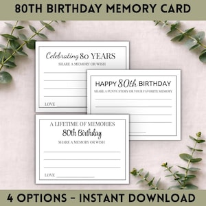 May include: White memory cards for an 80th birthday celebration. Each card features a different message, including "Celebrating 80 Years," "Happy 80th Birthday," and "A Lifetime of Memories." The cards have lines for writing memories and wishes.