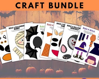 May include: A Halloween kids craft bundle featuring 8 designs on white paper sheets. Each sheet displays cut-out shapes for characters including a mummy, bat, werewolf, and witch. The text reads HALLOWEEN KIDS CRAFT BUNDLE, 8 DESIGNS, and INSTANT DOWNLOAD.