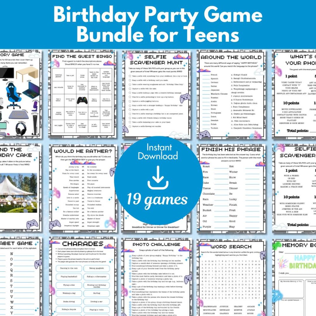 Teen Boy Birthday Party Games: Fun Printable Game Bundle (PDF Download