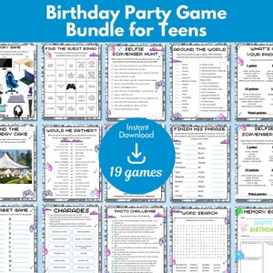 Peut inclure: Un ensemble de 19 jeux de fête d'anniversaire imprimables pour adolescents. Le lot comprend divers jeux tels que le bingo, les chasses au trésor et les mots croisés. Les jeux sont conçus avec un thème coloré et ludique.
