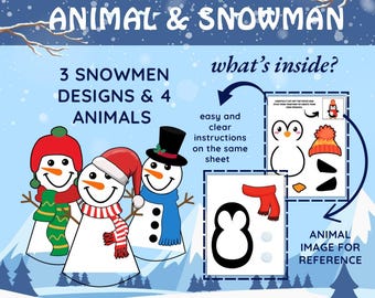 May include: A winter-themed printable featuring three snowman designs and four animal designs. The image includes instructions and animal references. The text reads "Build a Winter Animal & Snowman".