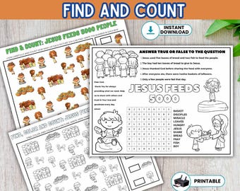 Jesus Feeds 5000 Activity Sheet | Kids Bible Story Worksheet | True or False Quiz & Find and Count | Christian Sunday School Printable