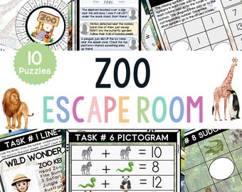 Salle d'évasion du zoo - Kit de salle d'évasion à imprimer pour enfants - Salle d'évasion pour enfants - Jeu de société à faire soi-même - Casse-têtes logiques - Activité à la maison ou en classe