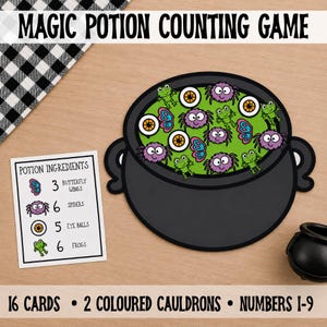 May include: A Magic Potion Counting Game set featuring a black cauldron filled with green liquid, cartoon spiders, frogs, eyeballs, and butterfly wings. Includes a Potion Ingredients card listing 3 butterfly wings, 6 spiders, 5 eyeballs, and 6 frogs.