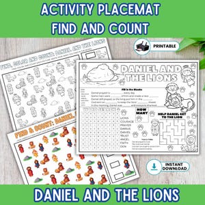 May include: A printable activity placemat with the theme "Daniel and the Lions." The placemat features coloring pages, a word search, and a maze. The text includes "Find, Color, and Count" and "Find & Count: Daniel."