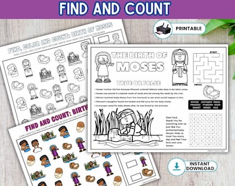 May include: A printable activity placemat featuring the text "Activity Placemat Find and Count" and "Birth of Moses". The placemat includes colouring pages, a maze, and a true or false section. The illustrations depict scenes from the story of Moses.