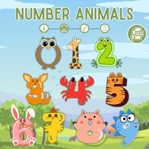 May include: A colorful illustration featuring numbers designed as animals. The numbers 0 through 9 are depicted as an owl, giraffe, frog, fox, crab, tiger, rabbit, chick, pig, and a blue fish. The words "NUMBER ANIMALS" are at the top.