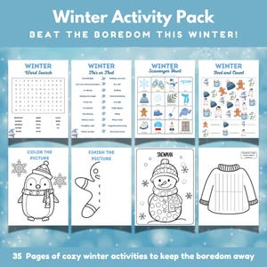 Könnte beinhalten: Ein Winter-Aktivitätspaket mit Spielen und Malvorlagen. Das Paket enthält ein Wortsuchrätsel, ein „Dies oder Das“-Spiel, eine Schnitzeljagd und ein „Finde und Zähle“-Spiel. Es gibt auch Malvorlagen mit einem Pinguin, einem Lebkuchenmann, einem Schneemann und einem Pullover.