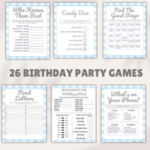 26 Girls Tween and Teen Birthday Party Games Printable Bundle, Blue Gingham Slumber Party and Sleepover Activities Instant Download PDF