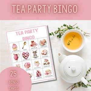Tea Party Bingo, printable bingo game, 25 bingo cards, print and play, birthday party games, Mother&#39;s Day Activity, digital download