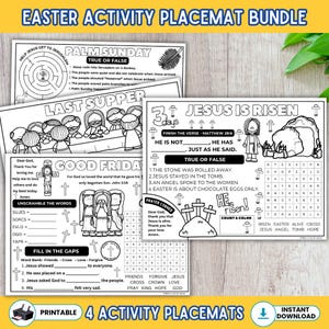 May include: Printable Easter activity placemat bundle with four different designs. Includes a Palm Sunday maze, Last Supper illustration, Good Friday activity, and a Jesus is Risen worksheet. Features fill-in-the-blanks, true or false, and unscramble the words activities.