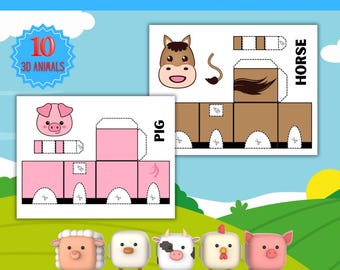One Page Craft Cut and Paste  Farm Animals, 10 3D Farm Animals Cut and Paste Activities Kids, 1 Page Craft,Build an animal, Instant Download