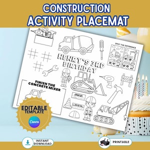May include: Black and white construction-themed activity placemat with the text "CONSTRUCTION ACTIVITY PLACEMAT" and "HENRY'S 3RD BIRTHDAY". Includes illustrations of construction vehicles, tools, and activities. Features an "EDITABLE TEMPLATE" and "INSTANT DOWNLOAD" option.