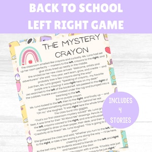 May include: A colorful educational game titled "The Mystery Crayon" with text that reads "Back to School Left Right Game." The game includes 4 stories and features a rainbow and illustrations. The text describes a classroom setting.