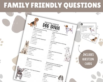犬に関するトリビア：印刷可能な動物トリビアゲーム（解答付き）、パーティーやトリビアナイト用のデジタルダウンロード、犬好きのための多肢選択式犬クイズ