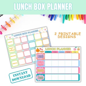 May include: Two printable lunch box planner designs. The planners have sections for lunch, fruits & veggies, snacks, and treats. The text "Lunch Box Planner" and "2 Printable Designs" are visible. The image also includes the text "Instant Download".