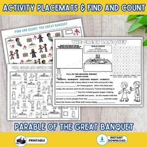 May include: Printable activity placemats with the text "Activity Placemats & Find and Count" and "Parable of the Great Banquet." The placemats feature counting and colouring activities with illustrations of people and food.