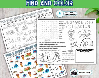 Jonah and the Whale Activity Pages, Bible Story, Find and Color, Sunday ...