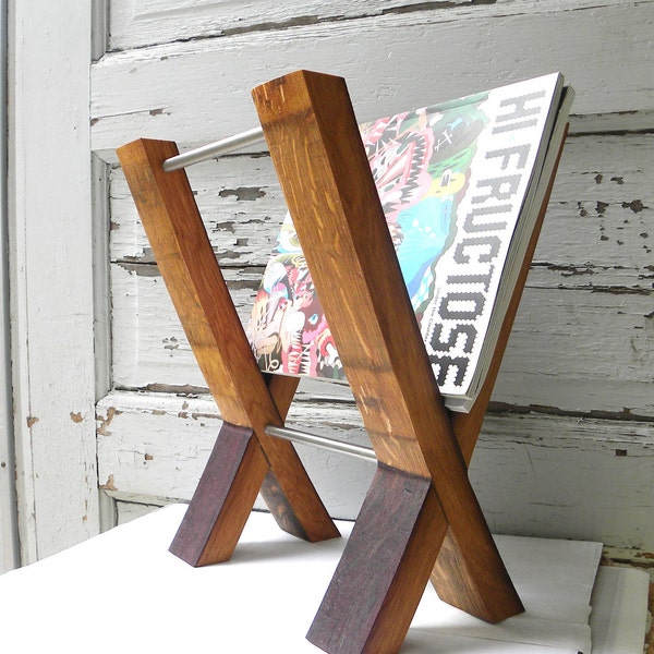 modern magazine rack. reclaimed wine barrel. french oak.