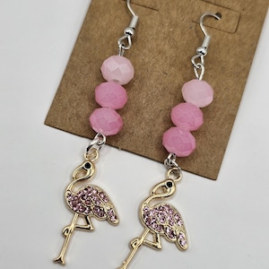 Pink Flamingo Beaded Earrings – Handmade Sparkly Summer Dangles, Lightweight Flamingo Charm Jewelry, Tropical Gift for Her