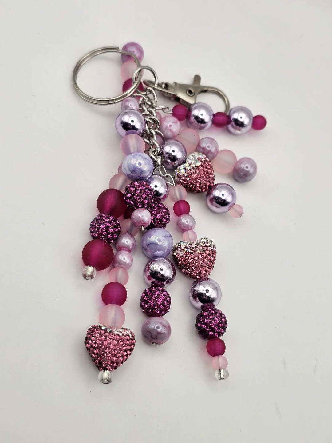 Beaded Heart Keychain – Pink & Purple Rhinestone Purse Charm - Etsy