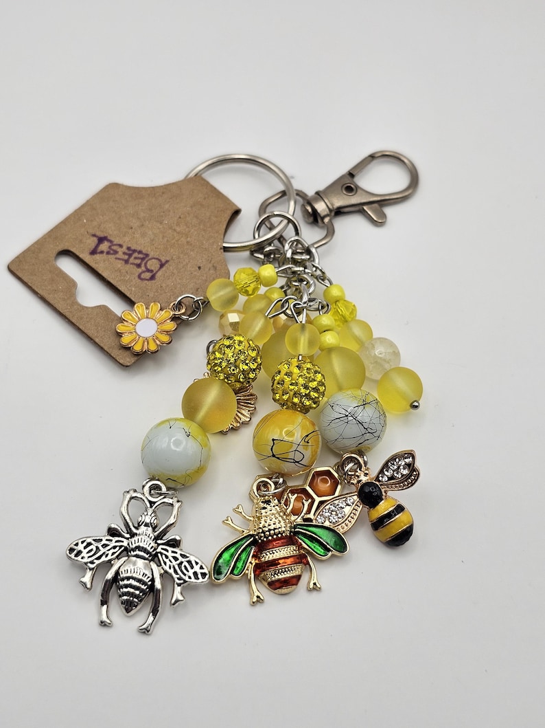Handmade Bee Keychain: Yellow Beads, Honeycomb & Sunflower Charm - Etsy