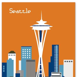 Seattle Skyline Art Map Print, Emerald City, Seattle Nursery, Seattle Retro Travel Poster, Vertical Loose Petals City Print - style E8-O-SE1