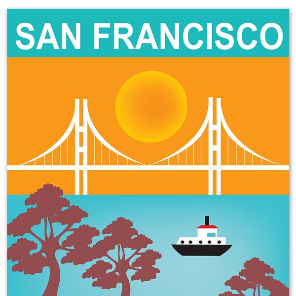 Arte de San Francisco, horizonte de San Francisco, arte mural de San Francisco, póster de San Francisco, impresión de mapa de San Francisco, vertical, estilo E8-O-SF14