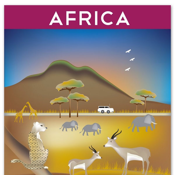 Africa Safari Poster,  africa safari print, mt kilimanjaro, retro africa travel poster, safari poster, african animals - E8-O-AFR