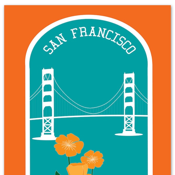 Impression d'art de San Francisco, impression de Golden Gate Bridge et de coquelicots, art mural de San Francisco, oeuvre d'art SF, art de la ville de pétales en vrac - style E8-O-SF9