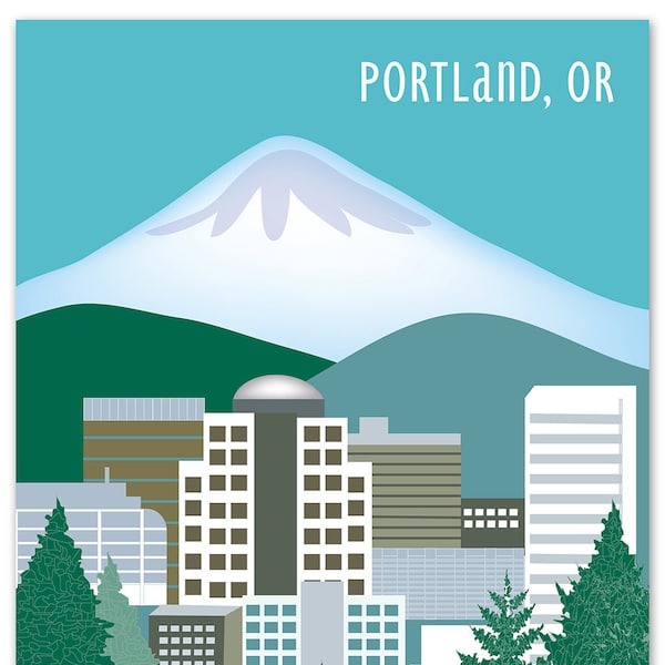 Portland OR Skyline Print, Portland Map, Portland Or Gift, Mt. Hood Skyline, Oregon Travel Art,  Portland vertical wall art, style E8-O-P1