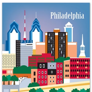 Impression d'art sur les toits de Philadelphie, impression de carte de Philadelphie, impression de style rétro de Philadelphie en Pennsylvanie, verticale, art urbain de pétales en vrac - style E8-O-PHI
