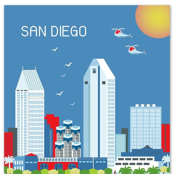 San Diego Wall Art, San Diego Skyline Print, San Diego Vertical Art,  Blue San Diego Art, San Diego Wall Decor, SD Ca Art - style E8-O-SD