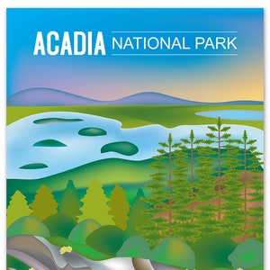 Acadia National Park Poster, National Park Art, Maine Print, Acadia Park skyline, Acadia Park Map, Maine Art Gift, Art style code E8-O-ACA image 1