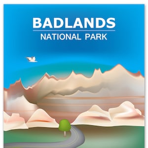 Affiche du parc national des Badlands, art du parc national, impression du Dakota du Sud, art de la ligne d'horizon des Badlands, carte des Badlands, cadeau du Dakota du Sud - style E8-O-BAD