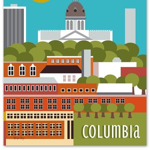Impressão do horizonte de Columbia SC, arte de Columbia SC, arte de parede do Capitólio de Columbia SC, presente de casamento para bebê em SC, impressão de arte da cidade de pétalas soltas, estilo E8-O-COLU