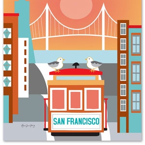 San Francisco Skyline Art Print, Cable Car Print, SF vertical print for Nursery Children's room, Loose Petals City Art Print style E8-O-SF19