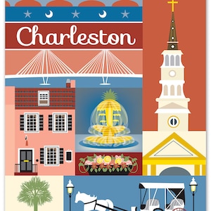 Charleston SC Art, Charleston SC map, Charelston sc skyline print, Charleston Rainbow Row art print, Charelston sc art style E8-O-CHARL image 1