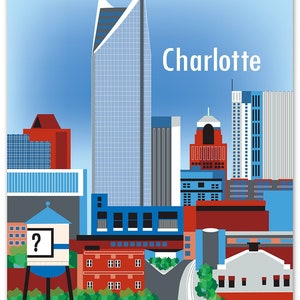 Charlotte NC Print, North Carolina City Art Print, Charlotte Skyline Art, Blue Charlotte vertical art gift,  Loose Petals - style E8-O-CHA