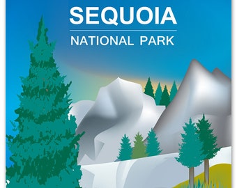 Op de afbeelding: Een kleurrijke illustratie van Sequoia National Park met een blauwe lucht, besneeuwde bergen en groene bomen. De tekst "SEQUOIA NATIONAL PARK" wordt weergegeven in witte letters.
