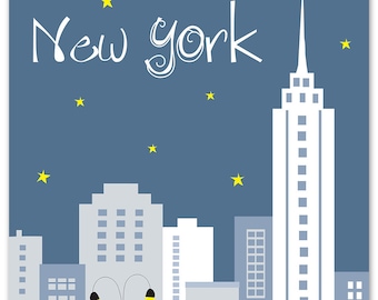 New York City Skyline Art Print, NYC Print, New York City Nursery Art, NYC Vertical Art (style - E8-O-NY2 gray)