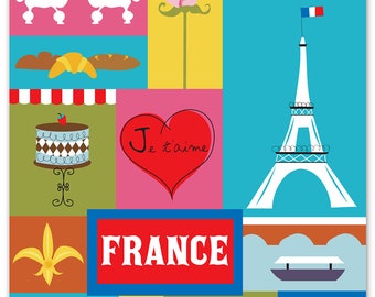 May include: A colorful illustration of iconic French symbols, including the Eiffel Tower, a baguette, a rose, a heart with "Je t'aime" written on it, and the words "France" in bold red letters.