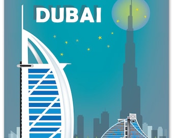 Impression de Dubaï, affiche des Émirats arabes unis, art mural de Dubaï, art de la ligne d'horizon de Dubaï, souvenir de vacances de Dubaï, cadeau de voyage de Dubaï, style artistique de la ville de Dubaï E8-O-DUBAI