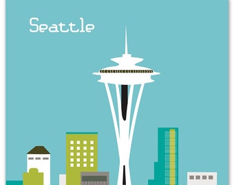 Seattle Skyline Art Map Print, Emerald City, Seattle Nursery, Seattle Retro Travel Poster, Vertical Loose Petals City Print - style E8-O-SE2