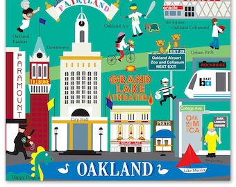 Oakland Map Skyline Print, Oakland Collage, Oakland CA Print, Oakland Baby Art, Loose Petals Art, Oakland Vertical Print, style E8-O-OAK