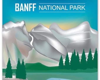 Banff National Park Poster, National Park Art, Canada Travel Poster, Banff Park skyline, Banff Park Map, Canada Gift, Art - style E8-O-BANF